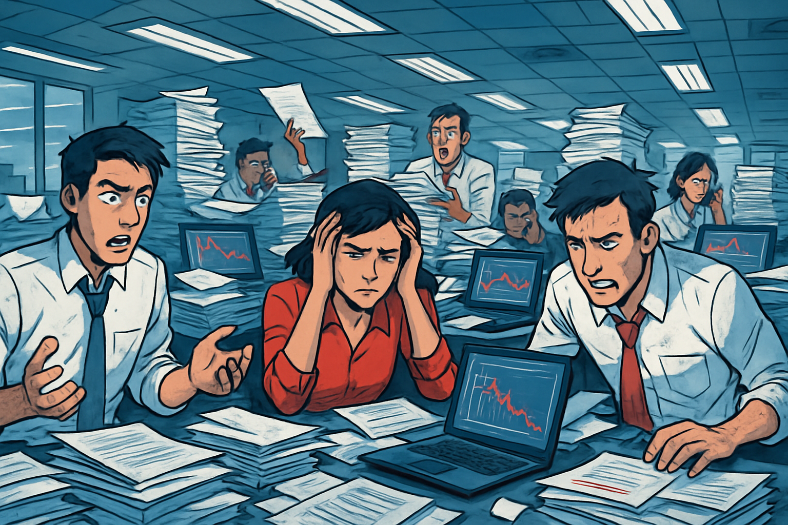 In a bustling corporate office a chaotic scene unfolds as employees frantically navigate a labyrinth of overflowing paperwork and tangled digital scre