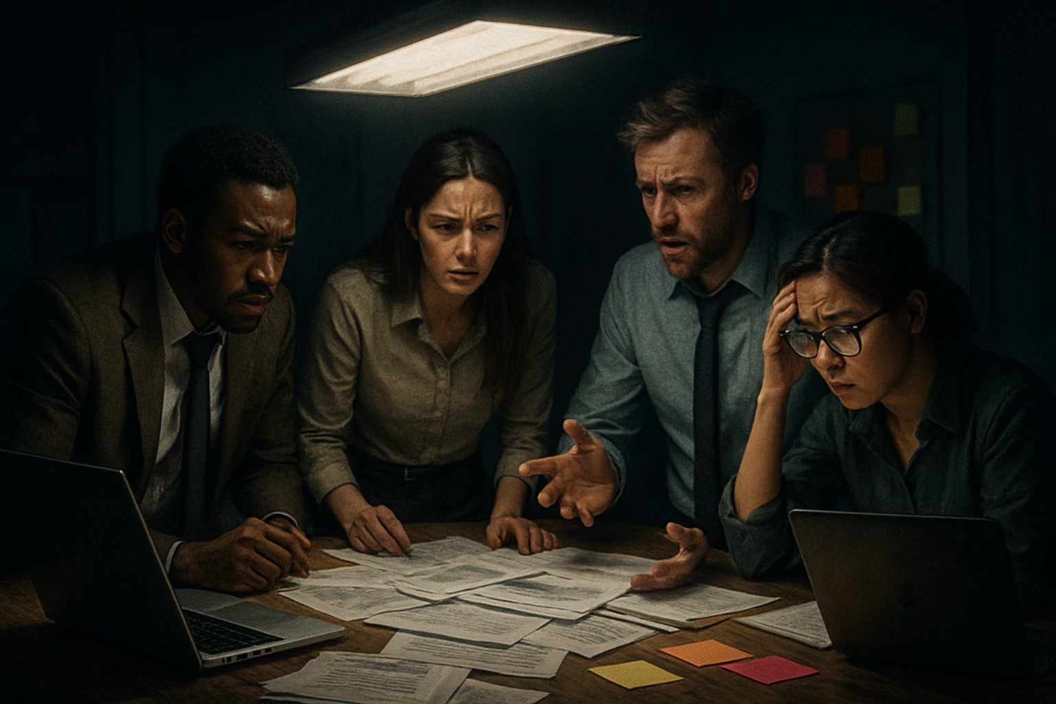 In a dimly lit office a diverse group of professionals huddles around a cluttered table their expressions a mix of confusion and determination Papers-1