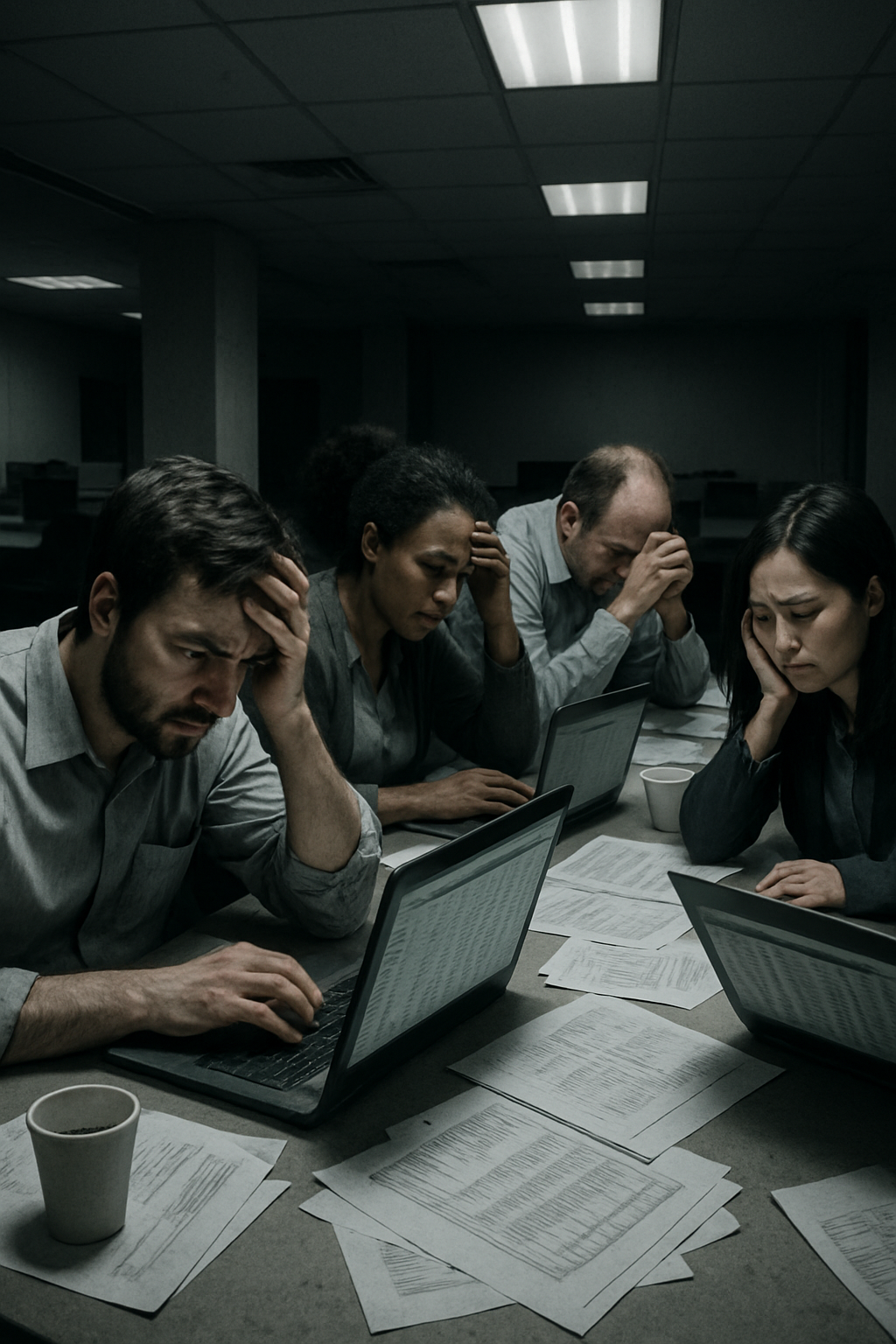 In a dimly lit office space a diverse group of individuals sits hunched over their computers faces contorted in expressions of frustration and despair